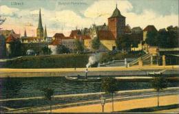 Litho Lübeck Burgtor-Panorama Dampfer Schiff Feldpost 5.4.1916 Nach Neustadt Holstein - Luebeck