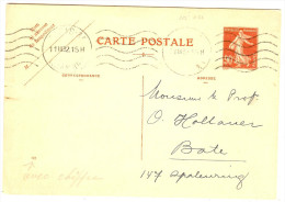 FRANCE - EP CP SEMEUSE CAMEE 90c DATE 021 REPIQUAGE WORMSER A DESTINATION DE L'ANGLETERRE PARIS 11/3/1932 - AK Mit Aufdruck (vor 1995)