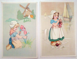 Cp Lot 2x Litho Illustrateur Coloprint Special 5159/5161 Folklore Hollande Enfant Fille Tulipe Moulin Bateau Tricot - Collections & Lots