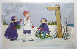 CPA LITHO Illustrateur  Baumgarten HARDY ? Enfant JEU Luge Neige Panneau Indicateur Bois - Hardy, Florence