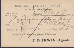 Canada Postal Stationery Ganzsache Entier Privé 1c. Victoria GENERAL EXPRESS OFFICE, TORONTO Ontario 1879 (2 Scans) - 1860-1899 Victoria