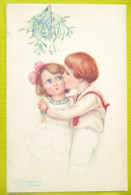 CPA LITHO Illustrateur BOMPARD DUO ENFANT ENFANTS Baiser Bisou Sous Le Gui Ecrite 1919 - Bompard, S.