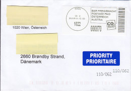 Austria Priority Prioritaire & Bar Freigemacht Postage Paid Labels WIEN 2014 Cover Brief To BRØNDBY STRAND Denmark - Storia Postale