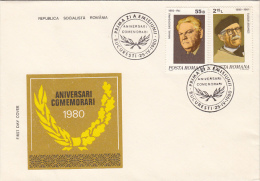 11536- ANNIVERSARIES, M. SADOVEANU, T. ARGHEZI, COVER FDC, 1980, ROMANIA - FDC