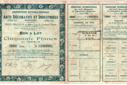 Exposition Internationale Des Arts Décoratifs Et Industriels , Paris 1925 - Bon à Lot De 50 Francs - Tourism