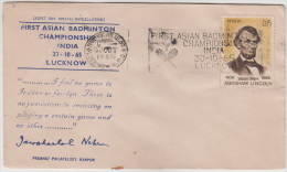 India 1965  First Asian Badminton Championship  Abraham Lincoln Stamp  Special Cover # 84172   Indien Inde - Badminton