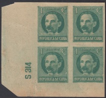 1917.125 CUBA. 1917. Ed.214As. PATRIOTAS. 1926. 1c. JOSE MARTI. NUMERO DE PLANCHA S314. PLATE NUMBER. SIN GOMA. - Unused Stamps