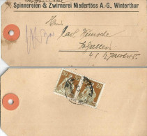 Paketadresse  "Spinnereien & Zwirnerei Niedertöss AG, Winterthur"            1918 - Cartas