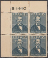 1959.28 CUBA. 1959. Ed.786. GOMA ORIGINAL LIGERAS MANCHAS. CARLO M. CESPEDES. BLOCK 4. PLATE NUMBER. NUMERO PLANCHA. - Unused Stamps