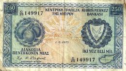 Delcampe - CYPRUS 250 MIL BLUE FRUIT EMBLEM FRONT LANDSCAPE BACK  DATED 01-03-1971 P41b F+ READ DESCRIPTION !! - Cyprus
