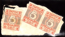 1905. Numeral Type.  5 Bit Red/grey. Small Piece With 3 Stamps. (Michel: P5A) - JF103705 - Danish West Indies