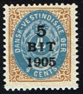 1905. Surcharge. 5 BIT On 4 C. Brown/blue Normal Frame. (Michel: 38 I) - JF153414 - Deens West-Indië