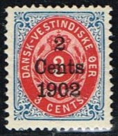 1902. Surcharge. Copenhagen Surcharge. 2 Cents 1902 On 3 C. Blue/red. Inverted Frame. (Michel: 25 II) - JF153363 - Danish West Indies