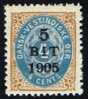 1905. Surcharge. 5 BIT On 4 C. Brown/blue Inverted Frame. (Michel: 38 II) - JF153416 - Danish West Indies