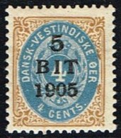 1905. Surcharge. 5 BIT On 4 C. Brown/blue Normal Frame. (Michel: 38 I) - JF153411 - Deens West-Indië