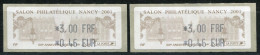 TIMBRES DE DISTRIBUTEURS - SALON PHILATELIQUE DE NANCY 2001 , 2 VALEURS DE 0,41 EURO NEUVES , N° 356 - SUP - 1999-2009 Illustrated Franking Labels