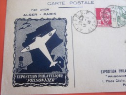 Fevrier 1946 Exposition Philatélique Prisonnier >vol Avion Alger Paris Carte Postale Timbres  178/219 Algerie  > P - Lettres & Documents