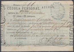 LOC-7 CUBA. SPAIN. ESPAÑA. REVENUE. FISCALES. 1892. CEDULA PERSONAL. CLASE 11. 25c. - Timbres-taxe