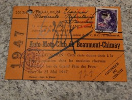 Reçu Auto-moto Club De Beaumont-Chimay 1947 - Automobilismo