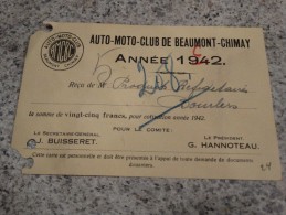 Reçu Auto-moto Club De Beaumont-Chimay 1942 - Automobile