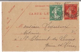 Carte Lettre Saumur 40c Semeuse 1927 + Complément  Destination St Clément Des Levées ( Maine Et Loire ) - Kaartbrieven