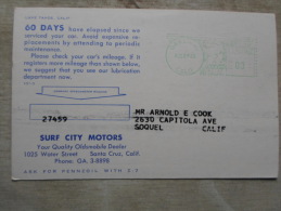 USA  CA  - Oakland  Lake Tahoe - Surf City Motors  -Mileage Card -  1961 - Regular Service     D123985 - Oakland