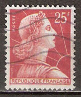 Timbre France Y&T N°1011C (07) Obl.  Marianne De Muller.  25 F. Rouge. Cote 0,15 € - 1955-1961 Marianne Van Muller