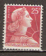 Timbre France Y&T N°1011C (08) Obl.  Marianne De Muller.  25 F. Rouge. Cote 0,15 € - 1955-1961 Marianne Of Muller