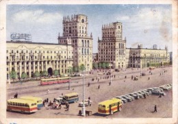 USSR Belarus Minsk Railway Station Square Ols Bus Tram Car 1954 - Wit-Rusland