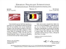 B01-371 Belgique USA CS HK Carte Souvenir FDC Vierge  Du 29-6-1972 - COB  - Cachet De 1020 Bruxelles Journée Britaniq - Cartoline Commemorative - Emissioni Congiunte [HK]