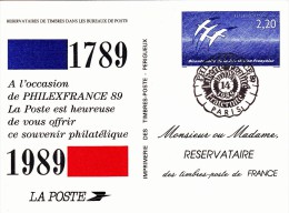 C01-053 - France CEP - Carte Entier Postal  Du 14-7-1989 - COB  - Cachet De Paris - Série  - Philex France 89 - 1€ - Lots Et Collections : Entiers Et PAP