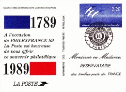 C01-056 - France CEP - Carte Entier Postal  Du 14-7-1989 - COB  - Cachet De Paris - Série  - Philex France 89 - 1€ - Lots Et Collections : Entiers Et PAP