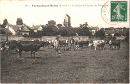 CPA 78 (Yvelines) Verneuil-sur-Seine - La Pâture Et Le Clocher De Verneuil 1912 Animée, Paysans, Vaches, Chiens - Verneuil Sur Seine