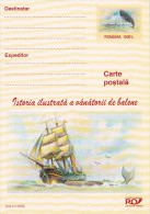 5381A, WHALES, FISHING BOAT WITH SALES, PAINTING, 2002, POSTARD STATIONERY, UNUSED, ROMANIA - Baleines