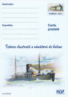 5383A, WHALES, STREAM FISHING BOAT , PAINTING, 2002, POSTARD STATIONERY, UNUSED, ROMANIA - Baleines