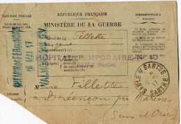 TB 606 - MILITARIA - Carte - Franchise Militaire - Ministère De La Guerre - Hopital Temporaire N° 40 à SABLE - Lettres & Documents