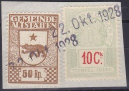 Heimat SG ALTSTÄTTEN 1928-10-22 Gemeinde Und Kanton Gebührenmarken Auf Briefstück - Fiscale Zegels