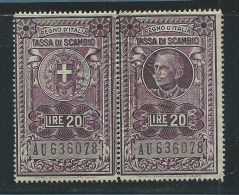 MARCA DA BOLLO  - TASSA DI SCAMBIO LIRE 20 - COPPIA - Revenue Stamps