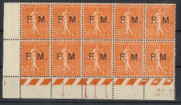 FRANCE TIMBRE DE FRANCHISE - TYPE SEMEUSE LIGNEE 50c 3 VARIETES DANS BLOC DE 10  NEUF ** LUXE - Military Postage Stamps
