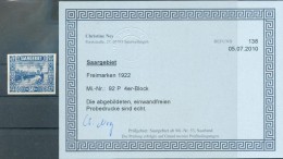Saar 92P PROBEDRUCK ATTESTKOPIE Ex VB**POSTFRISCH (70548 - Unused Stamps