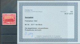 Saar 93P PROBEDRUCK ATTESTKOPIE Ex VB**POSTFRISCH (70550 - Unused Stamps
