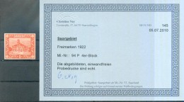 Saar 94P PROBEDRUCK ATTESTKOPIE Ex VB**POSTFRISCH (70552 - Ongebruikt