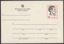 1980-EP-23 CUBA 1980. Ed.127. TARJETA ENTERO POSTAL. POSTAL STATIONERY. JULIO ANTONIO MELLA. ROJO. ERROR DE DESPLAZAMIEN - Cartas & Documentos