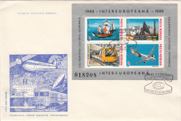 1031FM- EUROPEAN COOPERATION, SHIP, SATELLITE DISH, TRAIN, PLANE, COVER FDC, 1988, ROMANIA - FDC