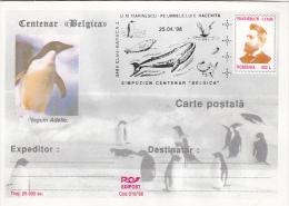 12054- BELGICA ANTARCTIC EXPEDITION, SHIP, PENGUINS, WHALE, POSTCARD STATIONERY, 1998, ROMANIA - Expéditions Antarctiques