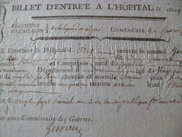 Rare Billet D'entrée à L’hôpital D'Arig. Régiment De La Ligne Des Alpes. Grenadier Berllié. Révolution 7 Prairial An 2 - Documentos