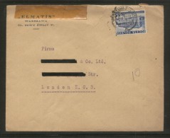 POLAND 1938 LETTER WARSZAWA TO LONDON SINGLE FRANKING 55GR BUILDINGS - Covers & Documents