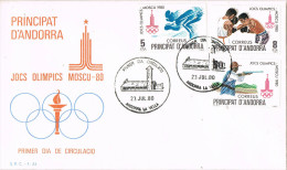 11622. Carta F.D.C. ANDORRA Española 1980. Juegos Olimpicos, Olimpiadas Moscú, SKI, Boxe, Tiro - Brieven En Documenten