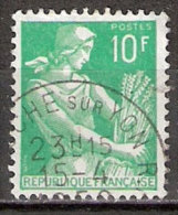 Timbre France Y&T N°1115A (09) Obl.  Type Moissonneuse  10 F. Vert. Cote 0,15 € - 1957-1959 Mietitrice