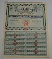 André Citroen, Part Bénéficiaire Signée Citroen - Automobile